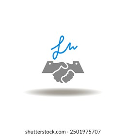 Vector illustration of handshake with signature sign. Symbol of consent. Icon of business deal, contract, agreement.