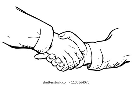 Vector illustration of handshake in simple black and white doodle. Agreement deal concept