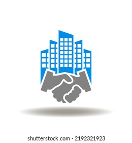 Vector Illustration Of Handshake With Skyscraper. Symbol Of LLC Limited Liability Company. Icon Of Merger And Acquisition.