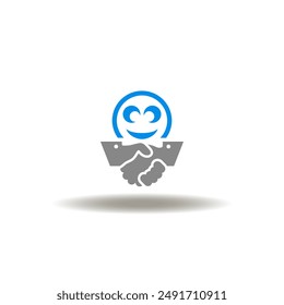 Vector illustration of handshake with smile face. Icon of welcome. Symbol of client satisfaction. Sign of onboarding.