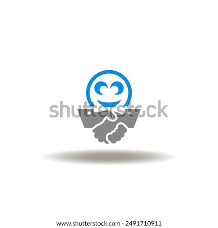 Vector illustration of handshake with smile face. Icon of welcome. Symbol of client satisfaction. Sign of onboarding.