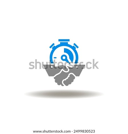 Vector illustration of handshake with stopwatch. Icon of micro credit. Symbol of fast deal.