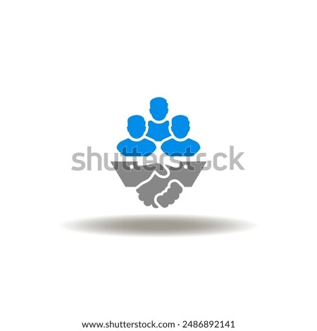 Vector illustration of handshake and team group. Icon of venture capital. Symbol of partnership.