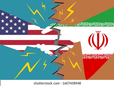 Vector and illustration of handshake torn apart - Political tension between USA and iran.