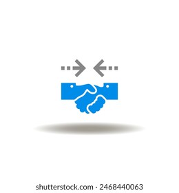 Vector illustration of handshake and two arrows towards each other. Icon of affability. Symbol of trust, deal.