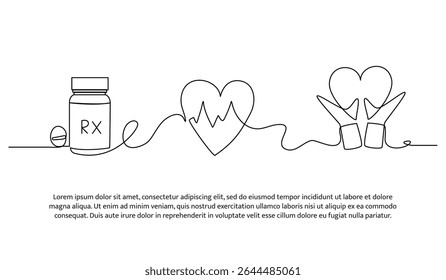 Vector illustration of hands,heart and medicine. Modern flat in continuous line style.