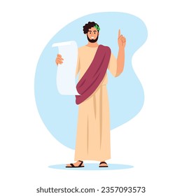 Vector illustration of a handsome ancient philosopher isolated on white background. Cartoon scene with a philosopher orator dressed in a toga and a laurel branch in his hair reading a treatise.