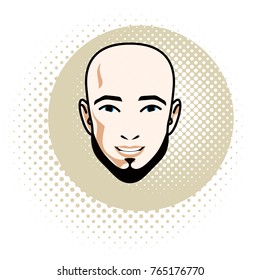 Vector illustration of handsome bald male face with beard, positive face features, clipart.