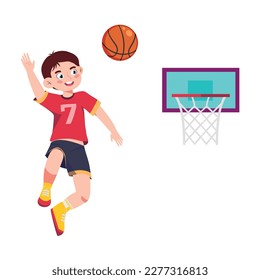 Vector illustration of a handsome basketball player boy. A cartoon scene with a smiling sports basketball player throwing the ball into the opponent's hoop isolated on a white background.