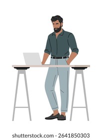 Vector illustration of a handsome bearded man in smart casual clothes working while standing at an adjustable ergonomic desk with a laptop, isolated on white background. Perfect for office themes