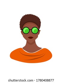 Ilustración vectorial con un hombre negro guapo con hermosos labios con elegantes y brillantes gafas de sol. Brillante ilustración de verano. Diseño para impresión y web. Avatares de opción para redes sociales.