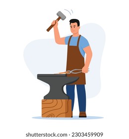 Vector illustration of a handsome blacksmith man. Cartoon scene with a blacksmith in an apron holding a hammer and hitting an anvil isolated on a white background. A blacksmith forges iron.