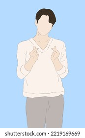 Vector Illustration Of Handsome Boy Korean Idol Giving Double Love Symbol With His Hand, Kpop Boy Band On Stage.