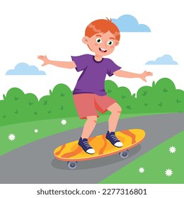 Vector illustration of a handsome boy riding a skateboard in a park with bushes and clouds. Cartoon scene with a guy doing a trick on a skateboard. Street extreme sport.