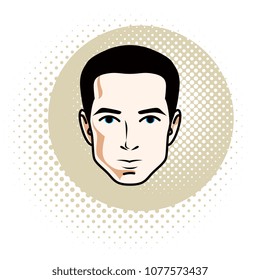 Vector illustration of handsome brunet male face, positive face features, clipart.