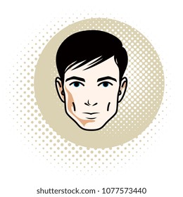 Vector illustration of handsome brunet male face, positive face features, clipart.
