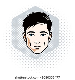 Vector illustration of handsome brunet male face, positive face features, clipart.