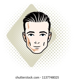 Vector illustration of handsome brunet male face, positive face features, clipart.