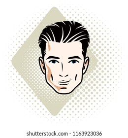 Vector illustration of handsome brunet male face, positive face features, clipart.