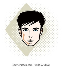 Vector illustration of handsome brunet male face, positive face features, clipart.