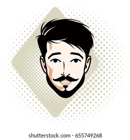 Vector illustration of handsome brunet male face with mustache and beard, positive face features, clipart.