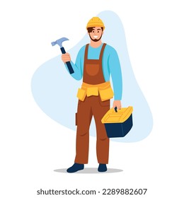 Vector illustration of a handsome builder. Cartoon scene with smiling builder holding construction tools in hands in work clothes and hard hat isolated on white background.