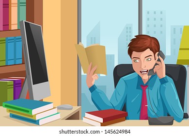 A vector illustration of handsome businessman talking on the phone in his office