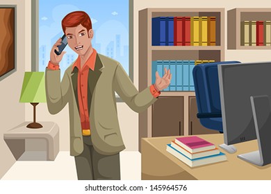 A vector illustration of handsome businessman talking on the phone in his office