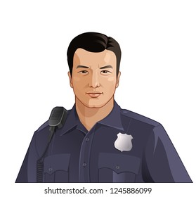 Vector illustration of a handsome confident asian police officer in uniform isolated.
