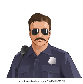Vector illustration of a handsome confident caucasian police officer 80's style in sunglasses and with moustache isolated.