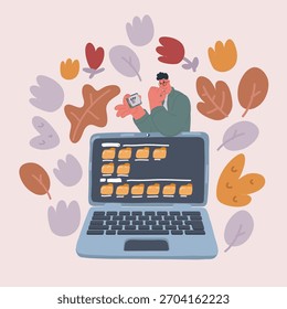 Ilustração vetorial de engenheiro bonito reparando computador portátil. Engenheiro segurando processador na mão