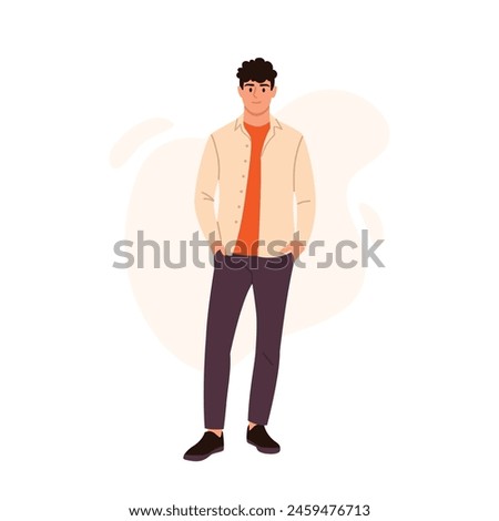 Vector illustration of a handsome fashionable guy. Cartoon scene of smiling, stylish guy with curly hair, hands in pockets, in orange t-shirt, beige shirt, pants, shoes isolated on white background.