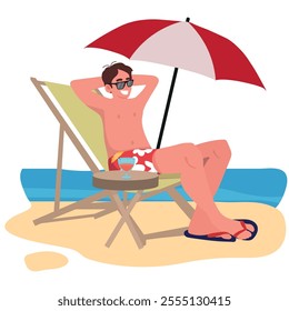 Vector illustration of a handsome guy lying in a sunbed under a beach umbrella. Cartoon scene with a smiling guy under a beach umbrella by the sea, sand , cocktail and sunglasses.