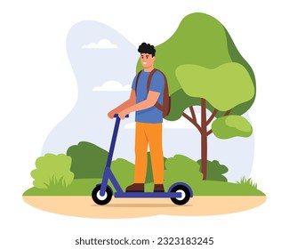 Vector illustration of a handsome guy on an electric scooter. artoon scene with a smiling guy riding an electric scooter with a briefcase in a park with sky and clouds, trees, bushes.