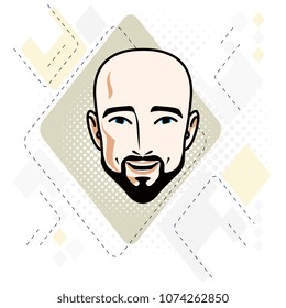 Vector illustration of handsome hairless male face with mustache and beard, positive face features, clipart.