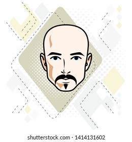 Vector illustration of handsome hairless male face with mustache and beard, positive face features, clipart.