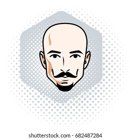 Vector illustration of handsome hairless male face with mustache and beard, positive face features, clipart.