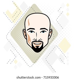 Vector illustration of handsome hairless male face with mustache and beard, positive face features, clipart.