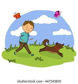 A vector illustration of handsome little boy playing with his dog in the park.