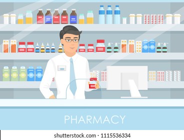 Vector illustration of a handsome male pharmacist at a pharmacy counter. a pharmacist, a shelf of medicine, capsules and bottle of drugs. Paid medical concept of health care.