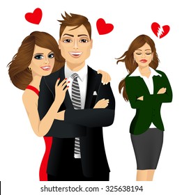 vector illustration of handsome man and beautiful brunette laughing happy and sad brunette girl jealousy about her friend