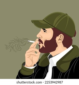 vector illustration of a handsome man in a hat smoking a cigarette