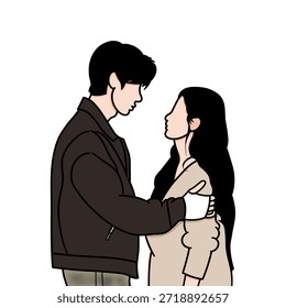 Ilustración vectorial de un hombre guapo que sostiene el hombro de su mujer mientras se mira a los ojos, con la mano lesionada vendada. La pintura se inspiró en una escena de un famoso drama chino.