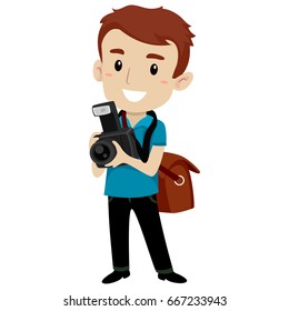 Vector Illustration of Handsome Man holding a Digital Camera wearing a Satchel Bag
