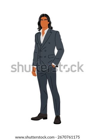 Vector illustration of a handsome man with long wavy hair, wearing a formal suit for evening party or event, standing full length on white background