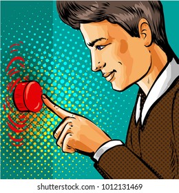 Vector illustration of handsome man pressing big red button in retro pop art comic style.