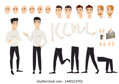 Vector illustration of handsome man set with various positions of body parts. Cartoon male character with black hair in various views, poses, face emotions, haircuts and hair colors isolated on white