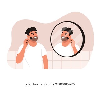 Vector illustration of a handsome man shaving his beard. Cartoon scene of a smiling man with curly hair, shaving with a beard trimmer, looking into a round mirror isolated on a white background.