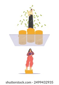 Vector illustration with a handsome man standing on a glass barrier at a height, and a woman below holding a child in her arms, symbolizing inequality in society.