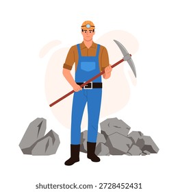  Vektorgrafik eines gut aussehenden Bergarbeiters.Zeichentrickszene eines Bergarbeiters in einem Schutzhelm mit Taschenlampe, in einem blauen Overall, Hemd, Gürtel, mit einem Stein Chipping Pick einzeln auf weißem Hintergrund.
